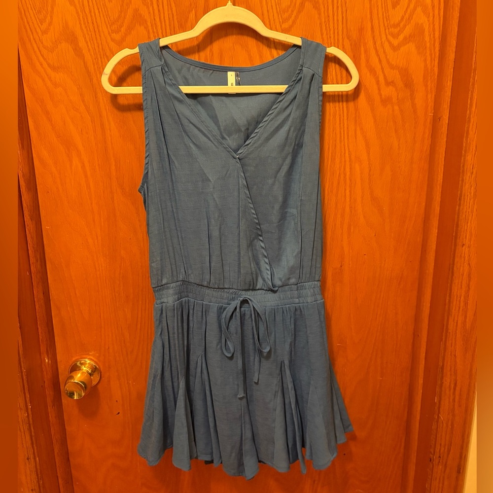Glam Blue Pleated Tie Front Mini Sundress romper